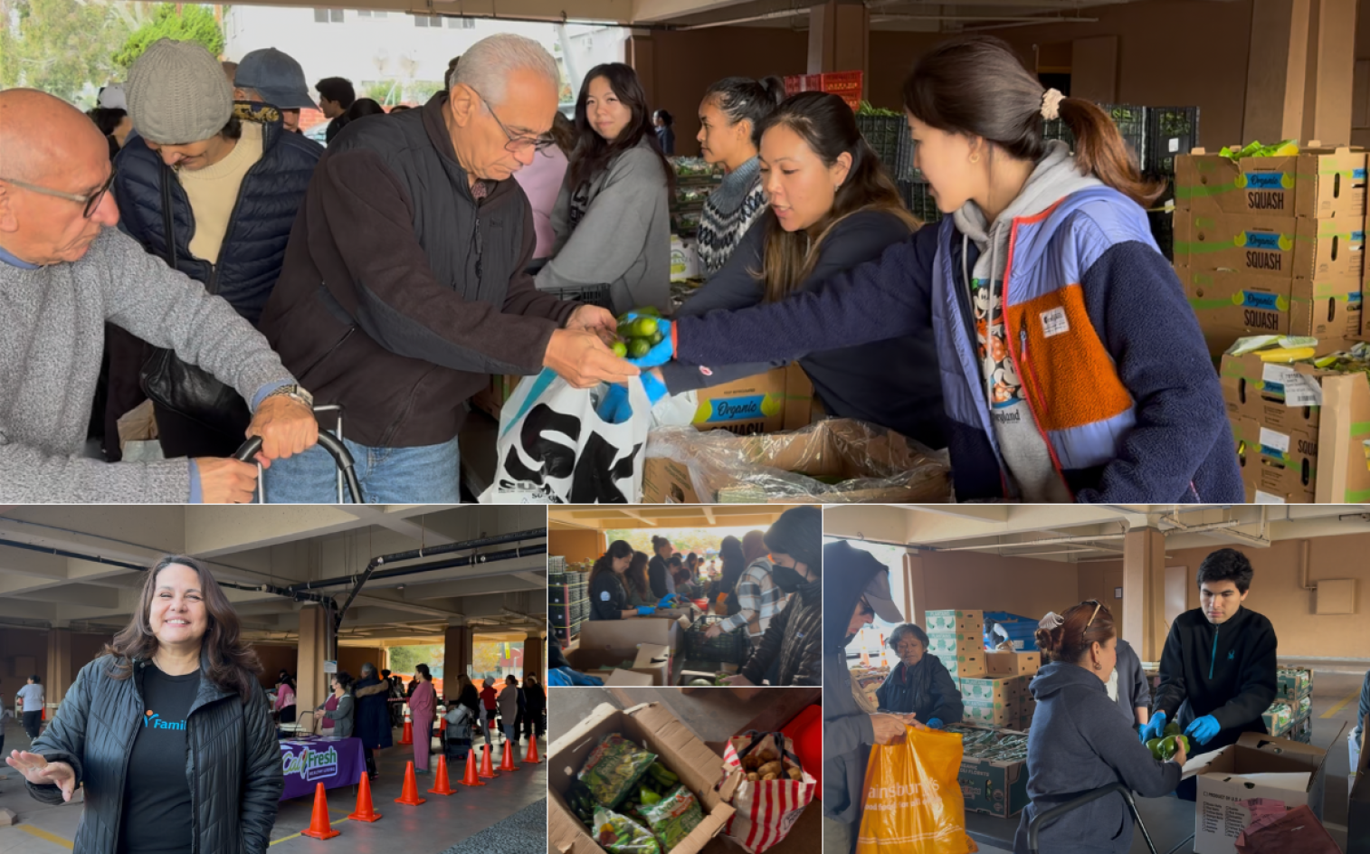 Volunteers distribute fresh produce and goods to people at a community food bank. Smiles, teamwork, and boxes of food are visible in various scenes, with people helping and receiving assistance in an organized outdoor setting. Volunteers distribute fresh produce and goods to people at a community food bank. Smiles, teamwork, and boxes of food are visible in various scenes, with people helping and receiving assistance in an organized outdoor setting.