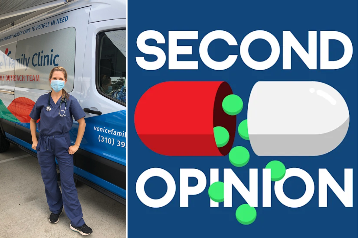 A healthcare worker in scrubs and a mask stands by a mobile clinic van. Beside her is a graphic showing a red and white pill with green dots and the words “SECOND OPINION.”. A healthcare worker in scrubs and a mask stands by a mobile clinic van. Beside her is a graphic showing a red and white pill with green dots and the words “SECOND OPINION.”.
