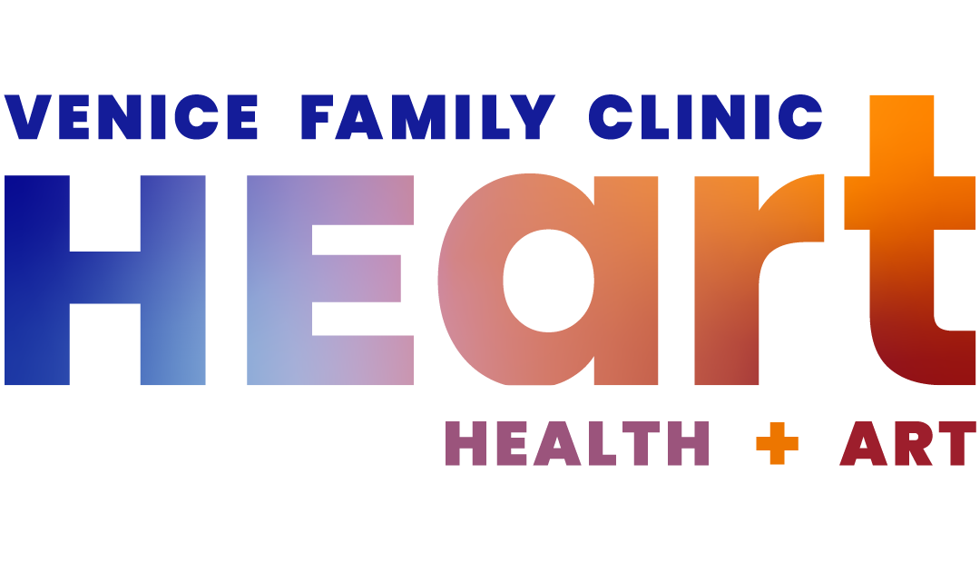 Venice Family Clinic Logo With HEart In Large Gradient Letters, Blending Blue And Orange. Health + Art Is Written Below In Smaller Text.