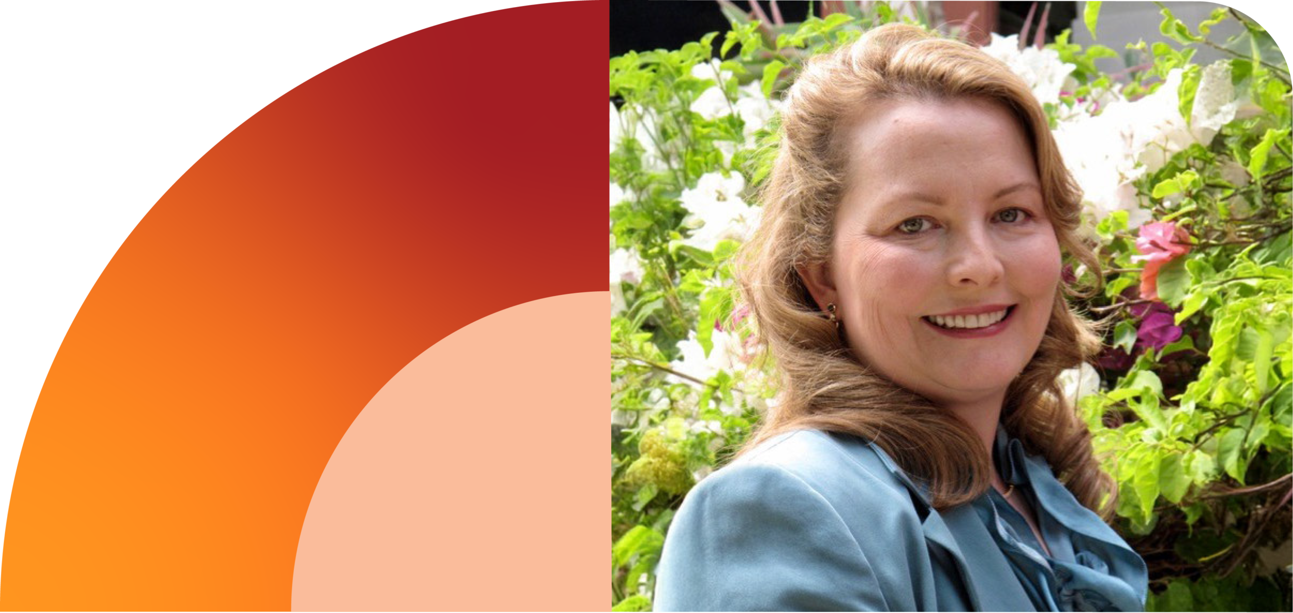 A Woman With Long Blonde Hair, Wearing A Blue Blazer, Smiles At The Camera While Standing In Front Of Green Plants And White Flowers. The Left Side Of The Image Shows Circular Orange And Peach Color Shapes.