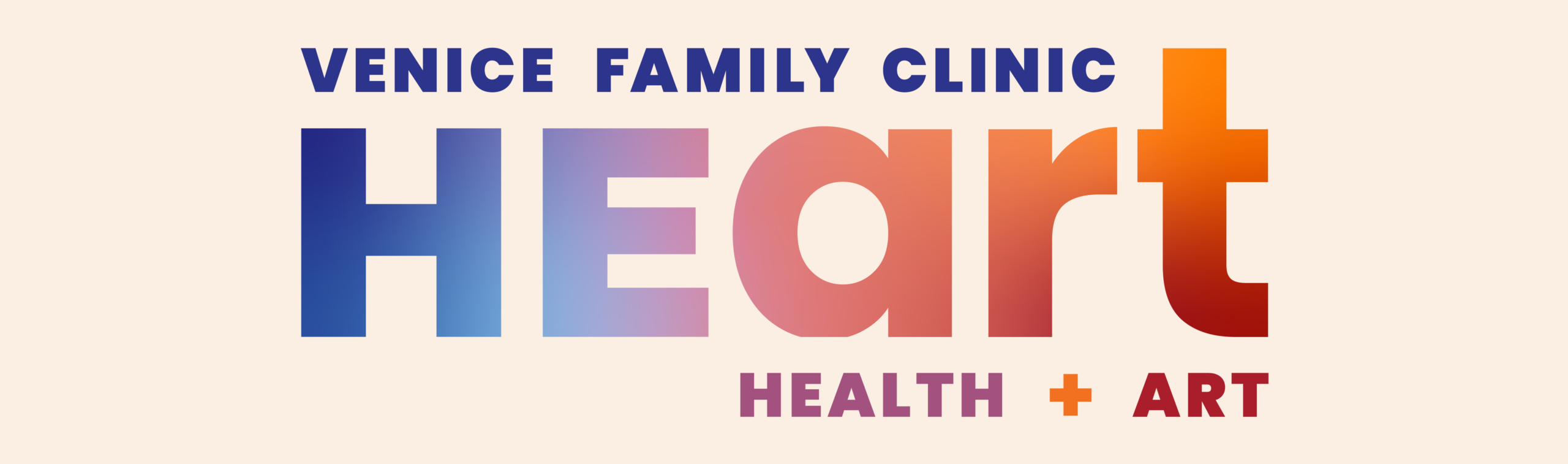 Venice Family Clinic Logo With The Word “HEart” In Large Gradient Letters, Blending HEALTH And ART, And “HEALTH + ART” Written Below In Pink And Orange.
